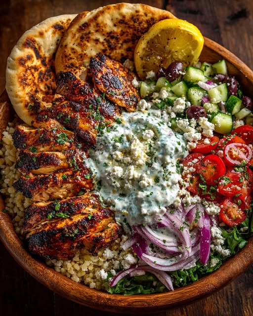 Mediterranean Chicken Pita Bowl with Garlic Feta Sauce Recipe - Recipe Image