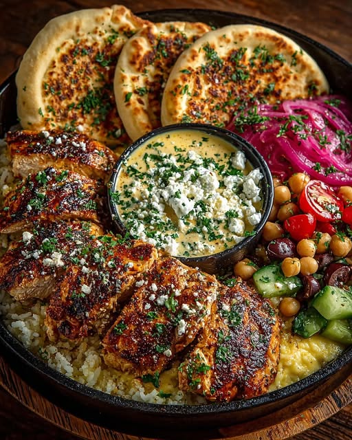 Mediterranean Chicken Pita Bowl with Spicy Feta Sauce Recipe - Recipe Image