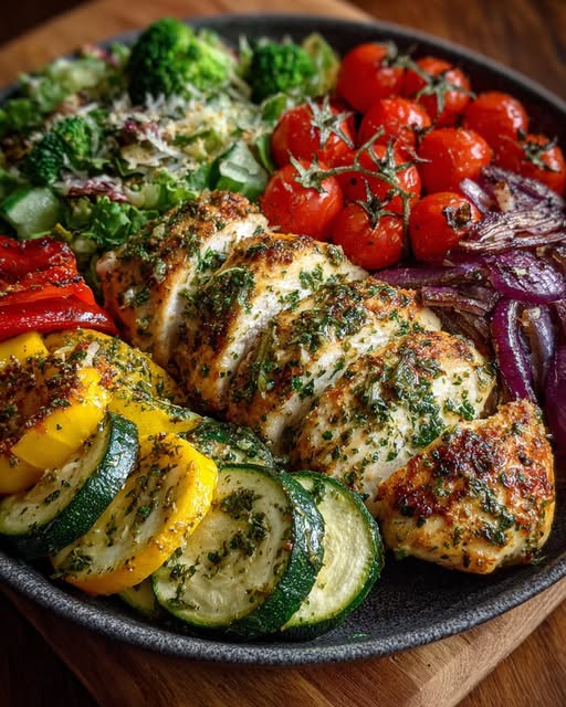 Garlic Herb Chicken with Roasted Veg & Fresh Garden Salad Recipe
