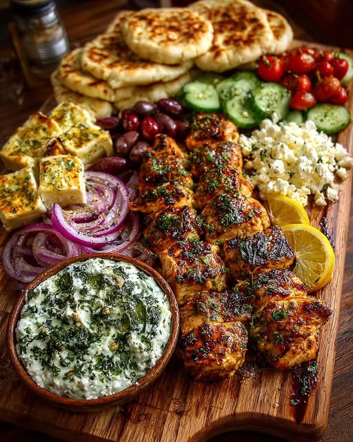 Souvlaki Mezze Board with Herb Feta Dip Recipe