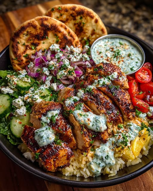 Mediterranean Chicken Pita Bowl with Spicy Feta Sauce Recipe