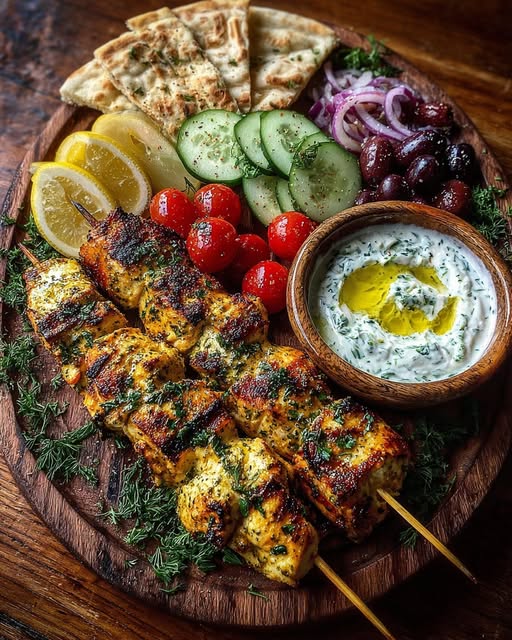 uvlaki Mezze Board with Lemon Yogurt Dip Recipe