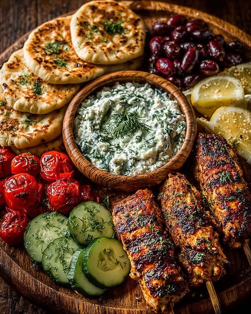 ouvlaki Mezze Board with Garlic Feta Dip Recipe